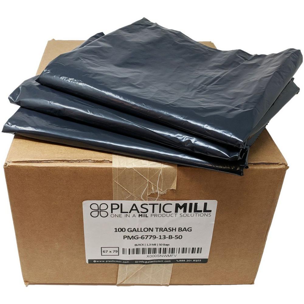 PlasticMill 67 in. W x 79 in. H. 100 Gal. 1.3 mil Black Trash Bags (10