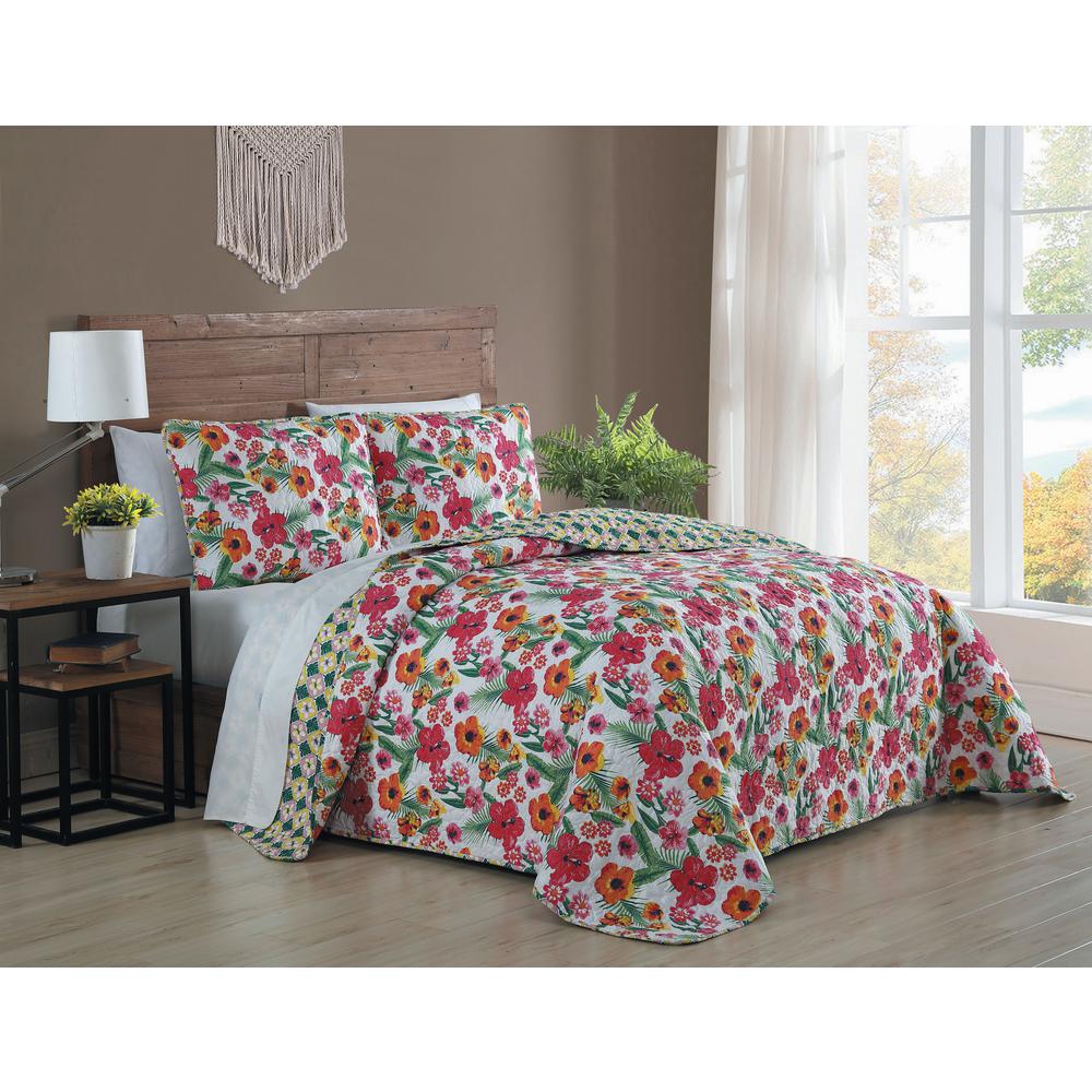 Geneva Home Fashion Poppy 3 Piece Pink Yellow King Quilt Set