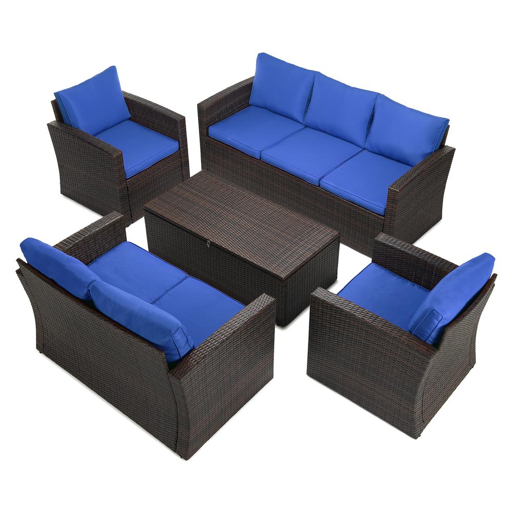 Boyel Living 5 Piece Brown Wicker Outdoor Patio Conversation Set With Blue Cushions Cew Hy3614dbbl The Home Depot