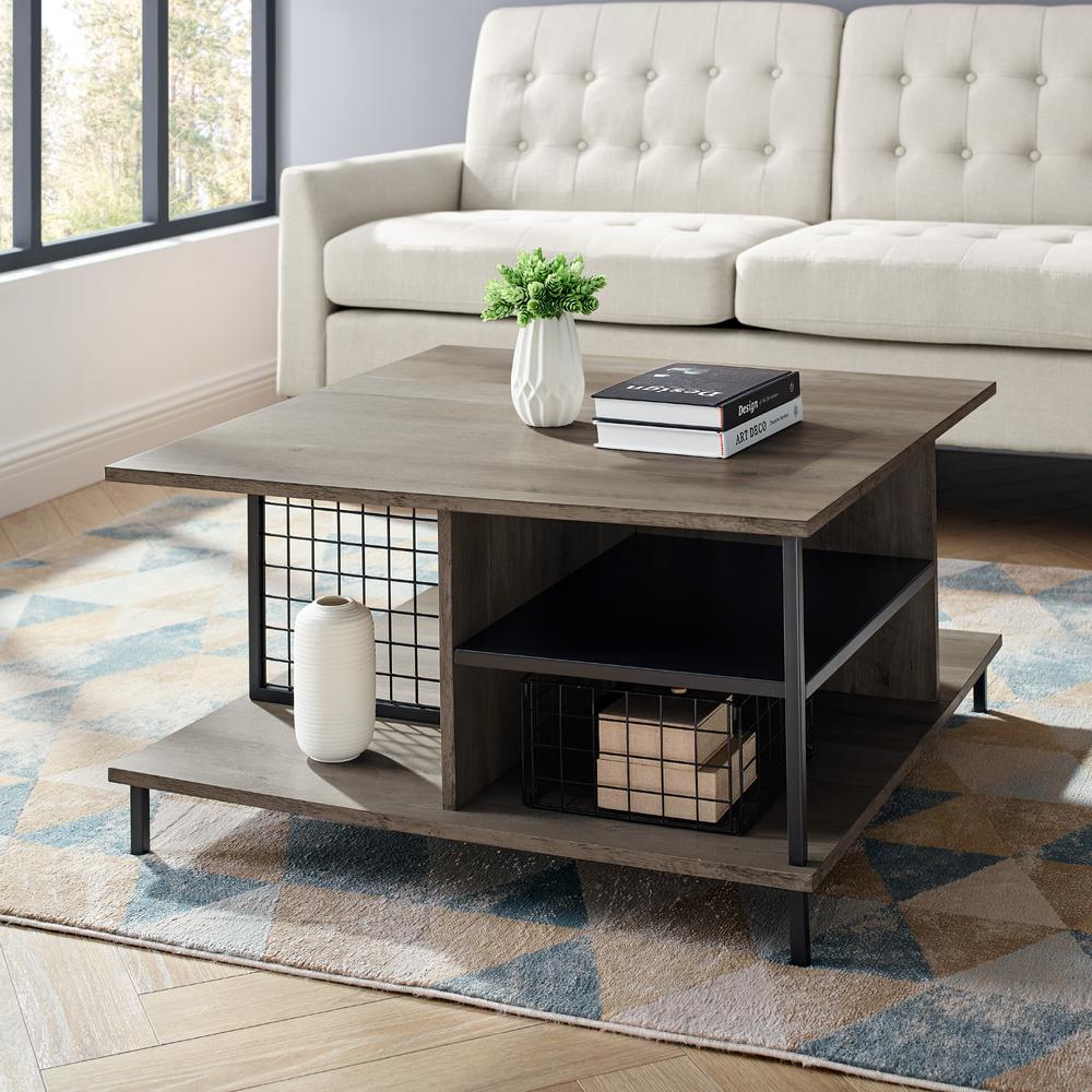 Welwick Designs 30 In Grey Wash Metal And Wood Square Coffee Table Hd8432 The Home Depot Metal And Wood Square Coffee Table