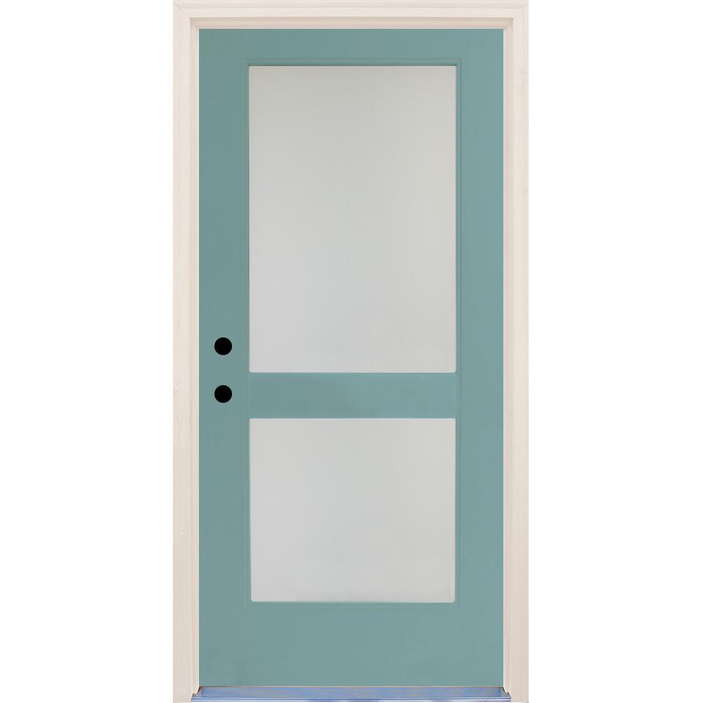 Builders Choice 36 In X 80 Elite Surf Satin Etch Glass Contemporary 2 Lite Painted Fiberglass Prehung Front Door With Brickmould