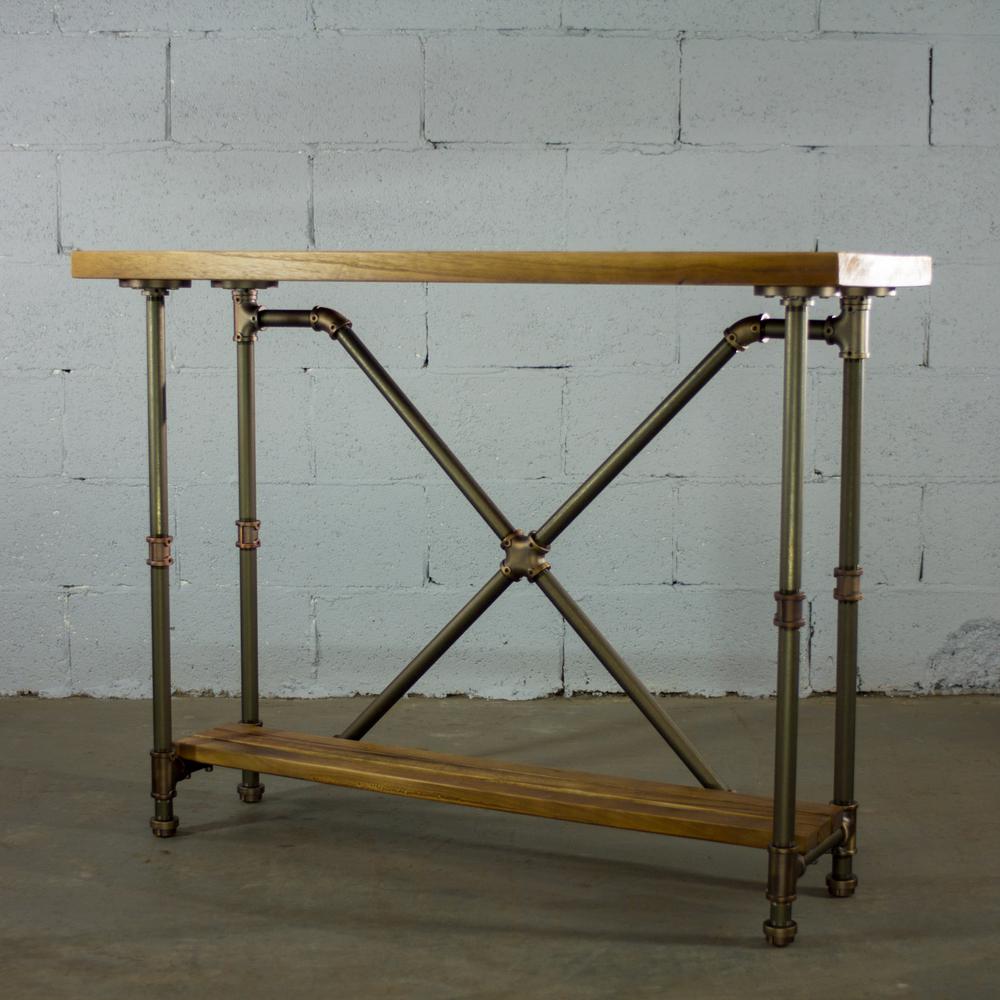 Furniture Pipeline Houston Vintage Brown 2 Tier Pipe Houston Vintage Brown 2 Tier Pipe Entryway Console Sofa Hall Table Metal Reclaimed Aged Wood Furniture Pipeline