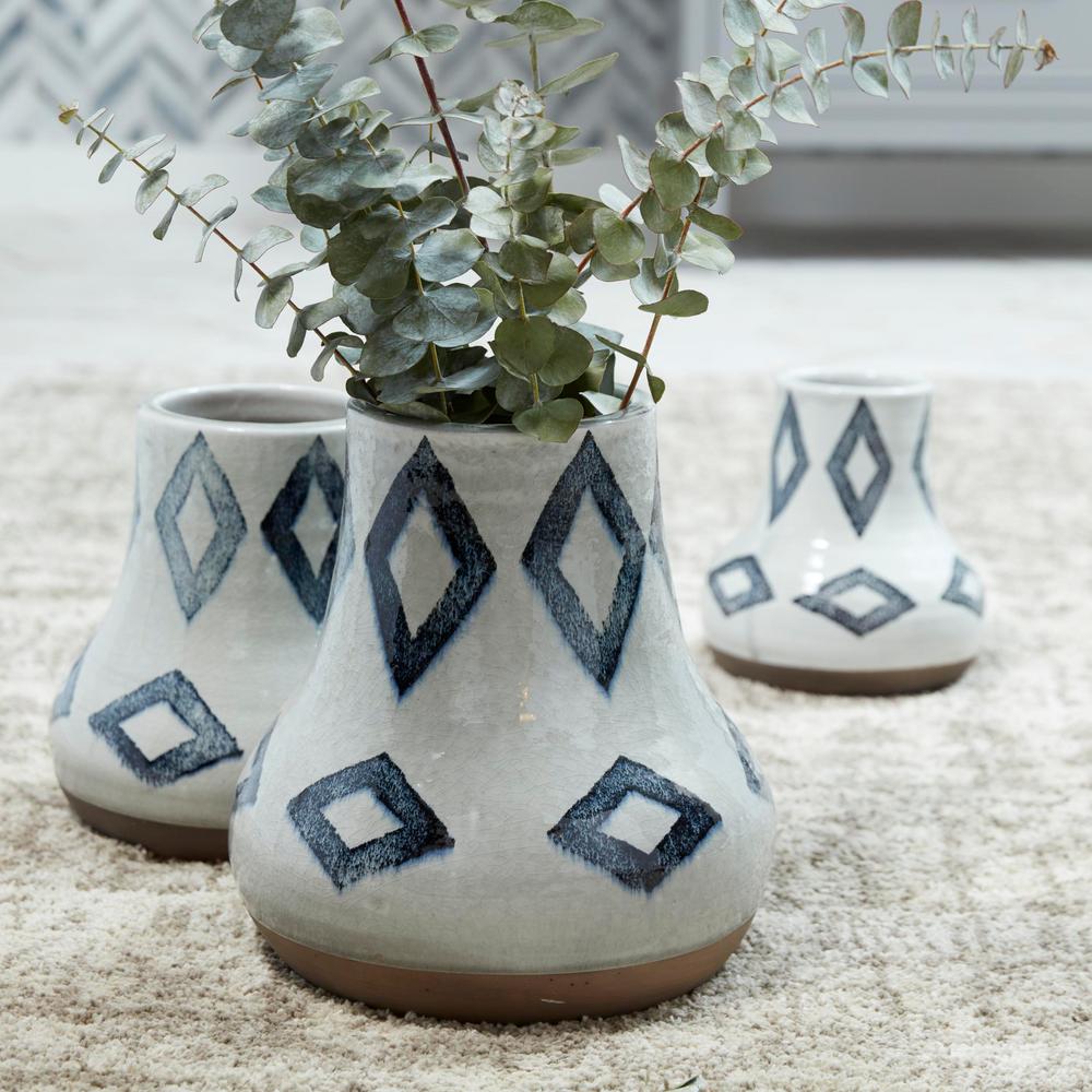 Off White With Blue Geometric Shapes Ceramic Vases Set Of 3