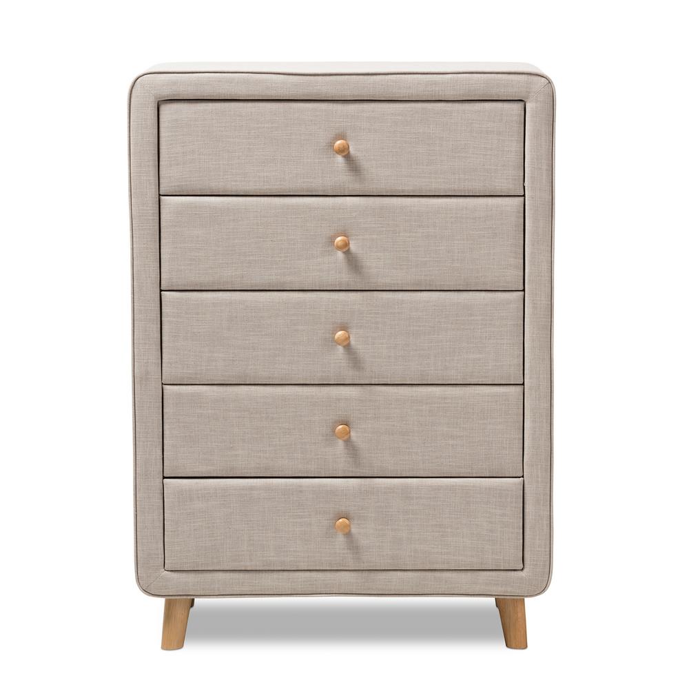 Baxton Studio Jonesy Mid Century 5 Drawer Beige Fabric Upholstered Baxton Studio Jonesy Mid Century 5 Drawer Beige Fabric Upholstered High Chest