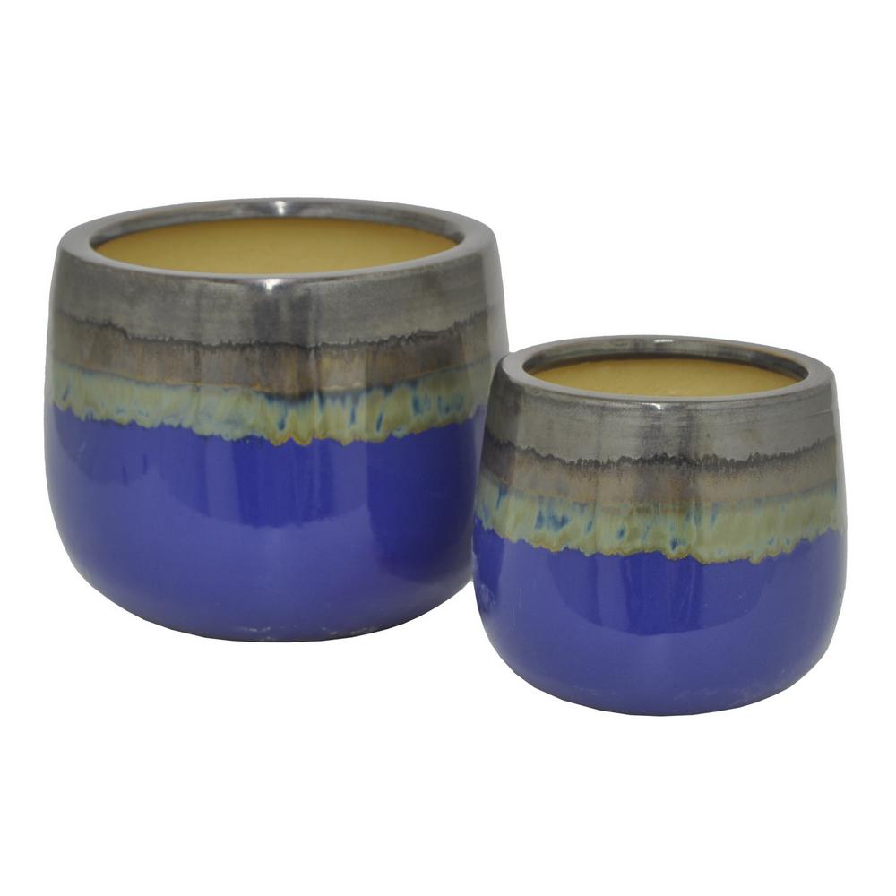 Ceramic Blue Plant Pots Planters The Home Depot Ceramic Planter Set Of 2