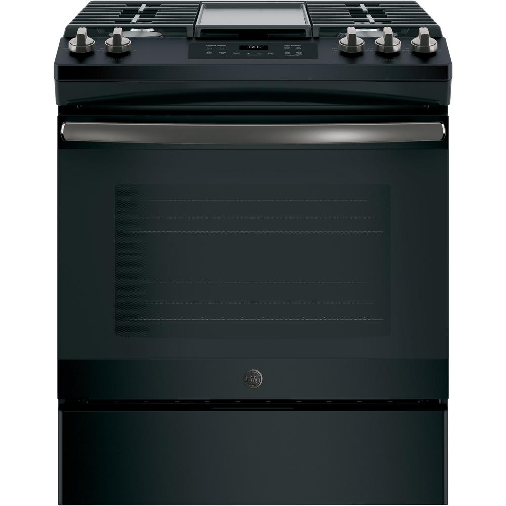 GE 5.3 cu. ft. Slide-In Gas Range with Steam-Cleaning Oven in Black Slate, Fingerprint Resistant