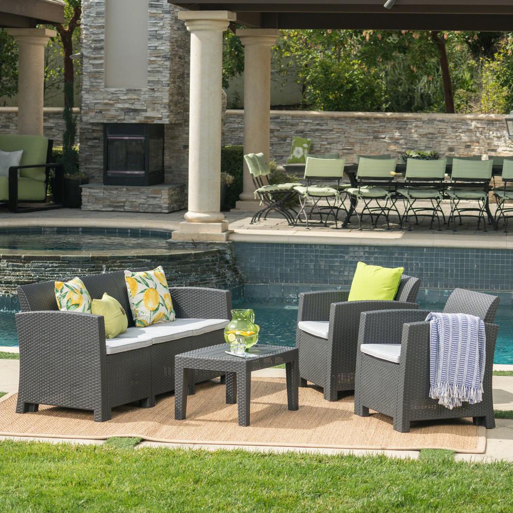 Noble House 4-Piece Wicker Patio Conversation Set with Light Gray ...