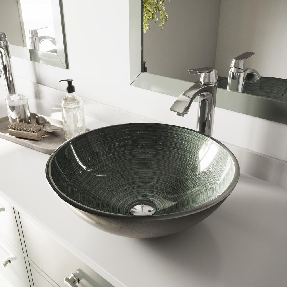 VIGO Glass Vessel Sink in Simply Silver and Linus Faucet Set in Chrome