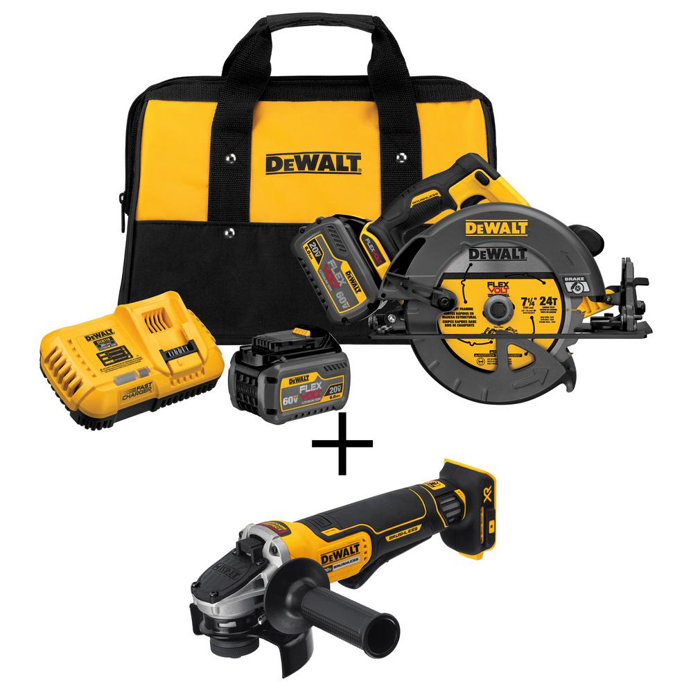 DEWALT FLEXVOLT 60-Volt MAX Lithium-Ion Cordless Brushless 7-1/4 in. Circular Saw, 2 Batteries, Charger, w/ Bonus Angle Grinder