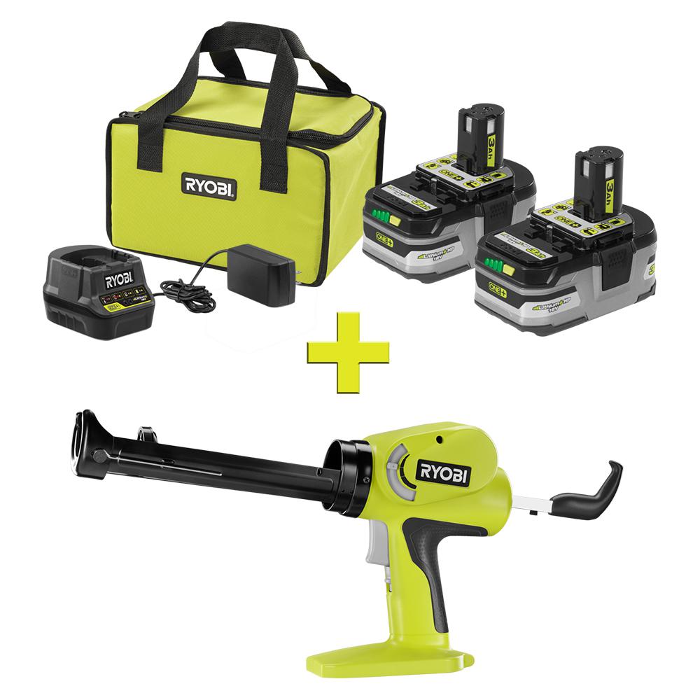 RYOBI 18-Volt ONE+ LITHIUM+ HP 3.0 Ah Battery (2-Pack) Starter Kit w/ Charger and Bag with Free ONE+ Power Caulk/Adhesive Gun
