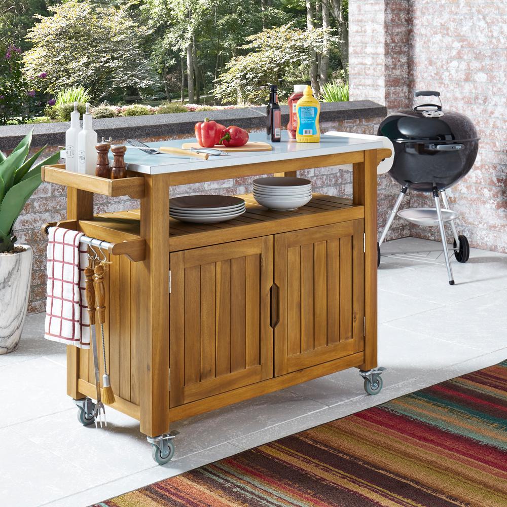 Homestyles Maho Golden Brown Teak Outdoor Barbeque Cart Serving Bar 5663 95 The Home Depot