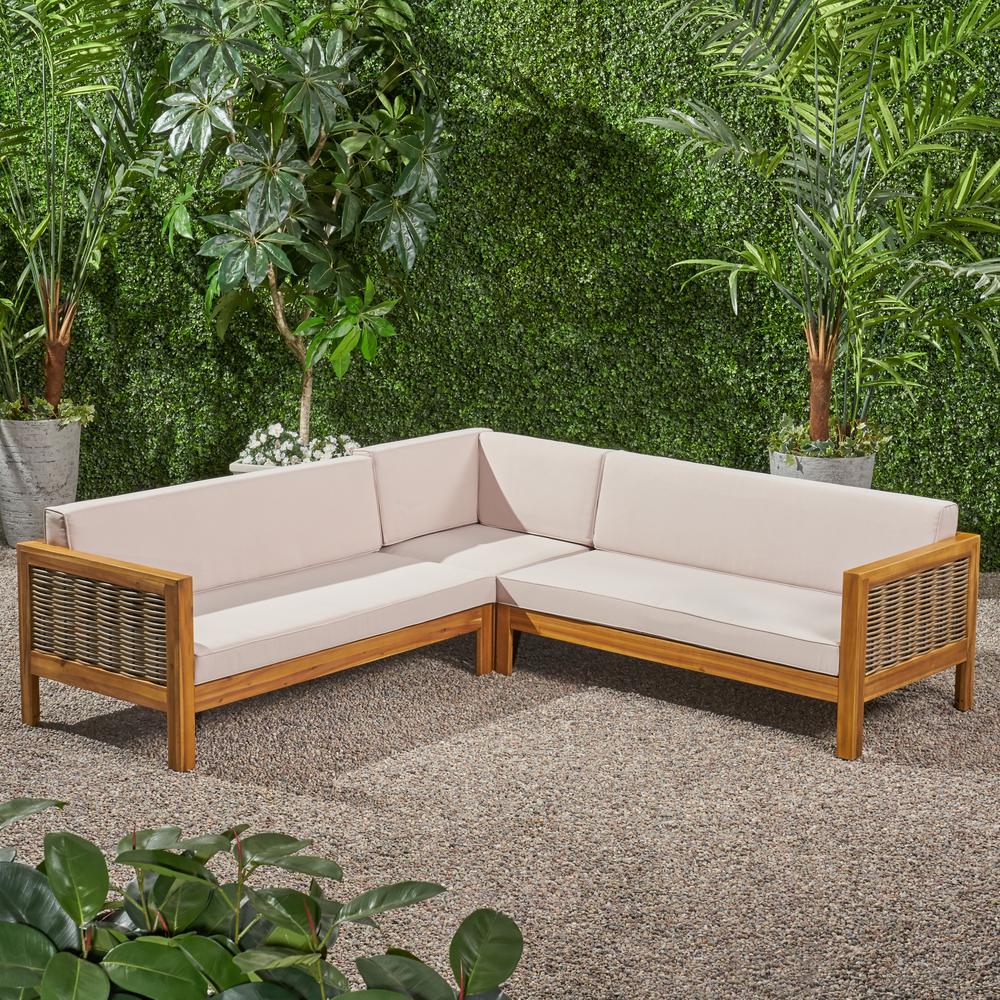 Noble House Linwood Teak Brown 3 Piece Wood And Wicker Outdoor Sectional Set With Beige Cushions 68388 The Home Depot Noble House Linwood Teak Brown 3 Piece, Teak Sectional Patio Furniture