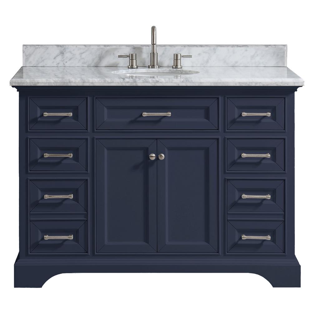 Home Decorators Collection Windlowe 49 in. W x 22 in. D x 35 in. H Bath Vanity in Navy Blue with Carrara Marble Vanity Top in White with White Sink