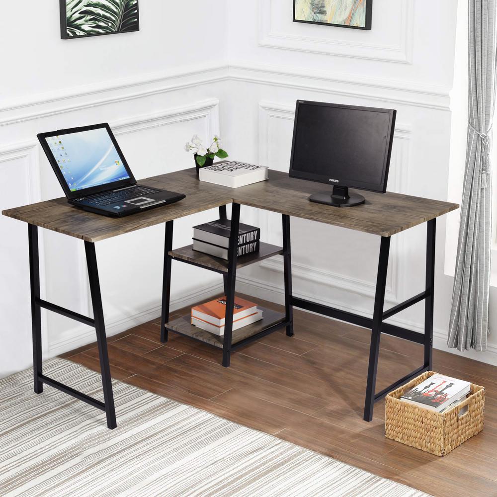 Furniturer 44 In L Shaped Walnut Computer Desk With Shelves Drogba The Home Depot