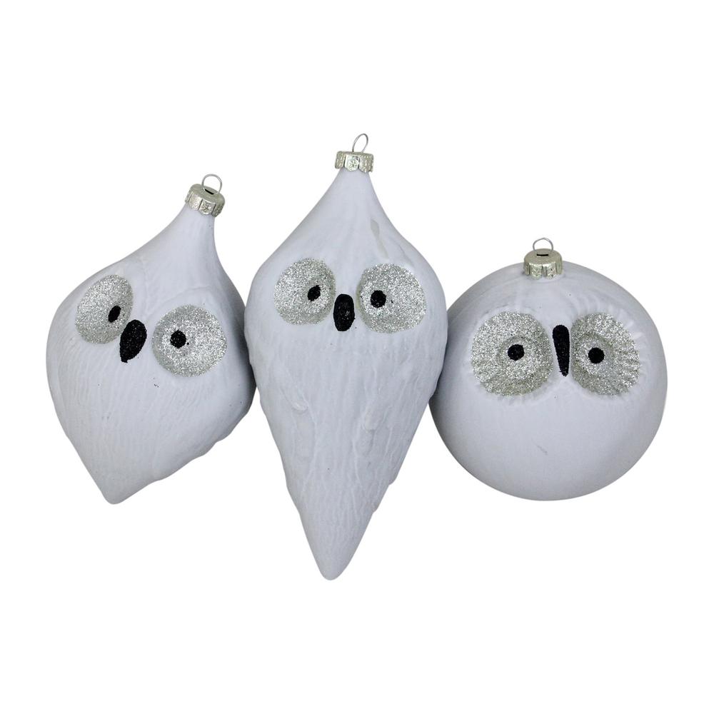 White and Black Different Sized Owl Glass Christmas Ornament Set (3-Piece)
