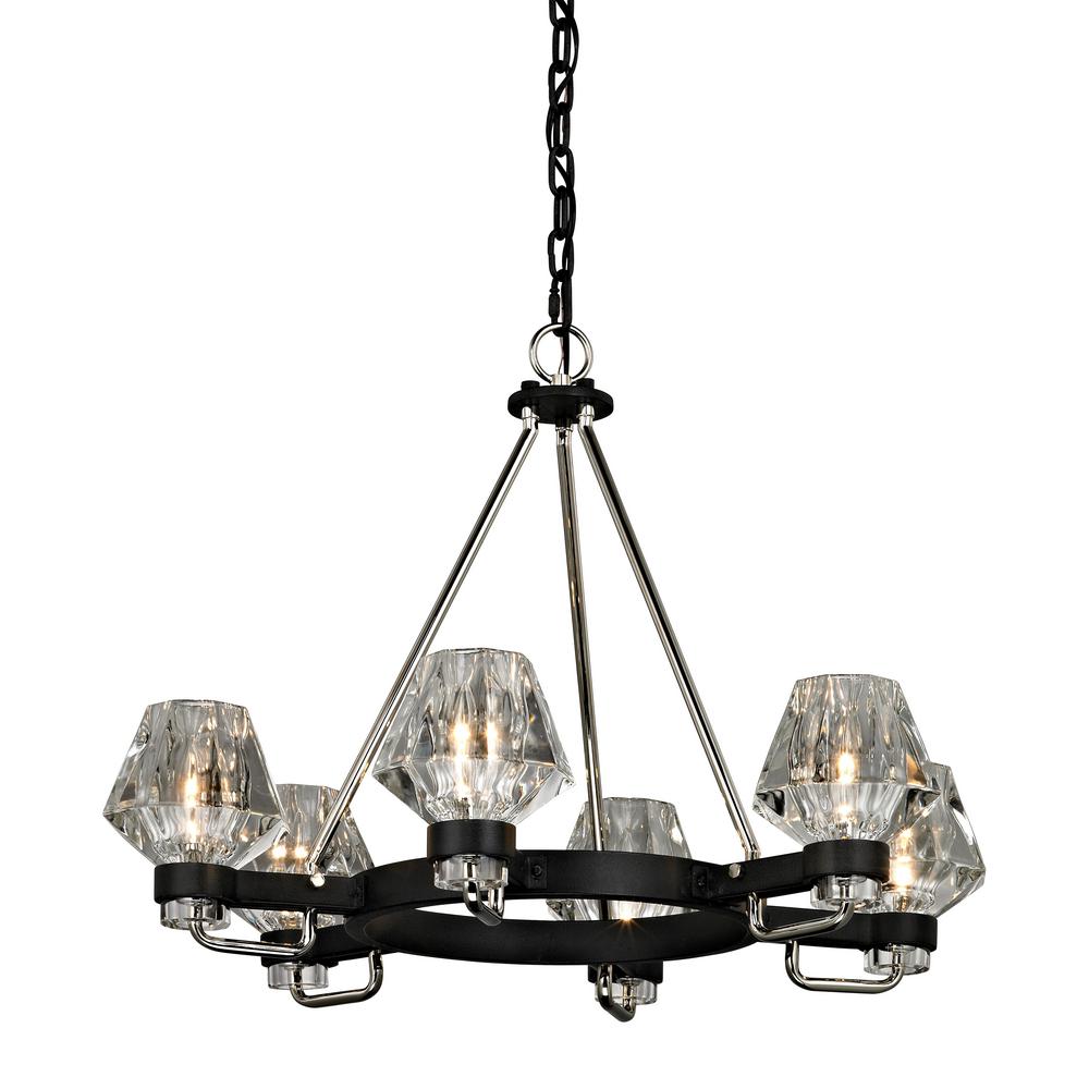 Troy Lighting Faction 6 Light Forged Iron And Polished Nickel 28 In Faction 6 Light Forged Iron And Polished Nickel 28 In W Chandelier With Clear Pressed Glass Shade