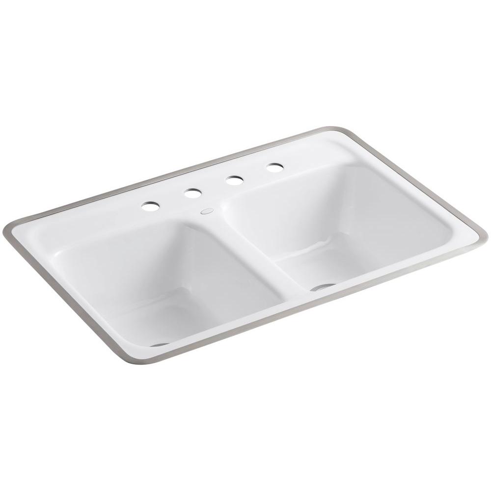 Kohler Delafield Tile In Cast Iron 32 In 4 Hole Double Bowl Kitchen Sink In White