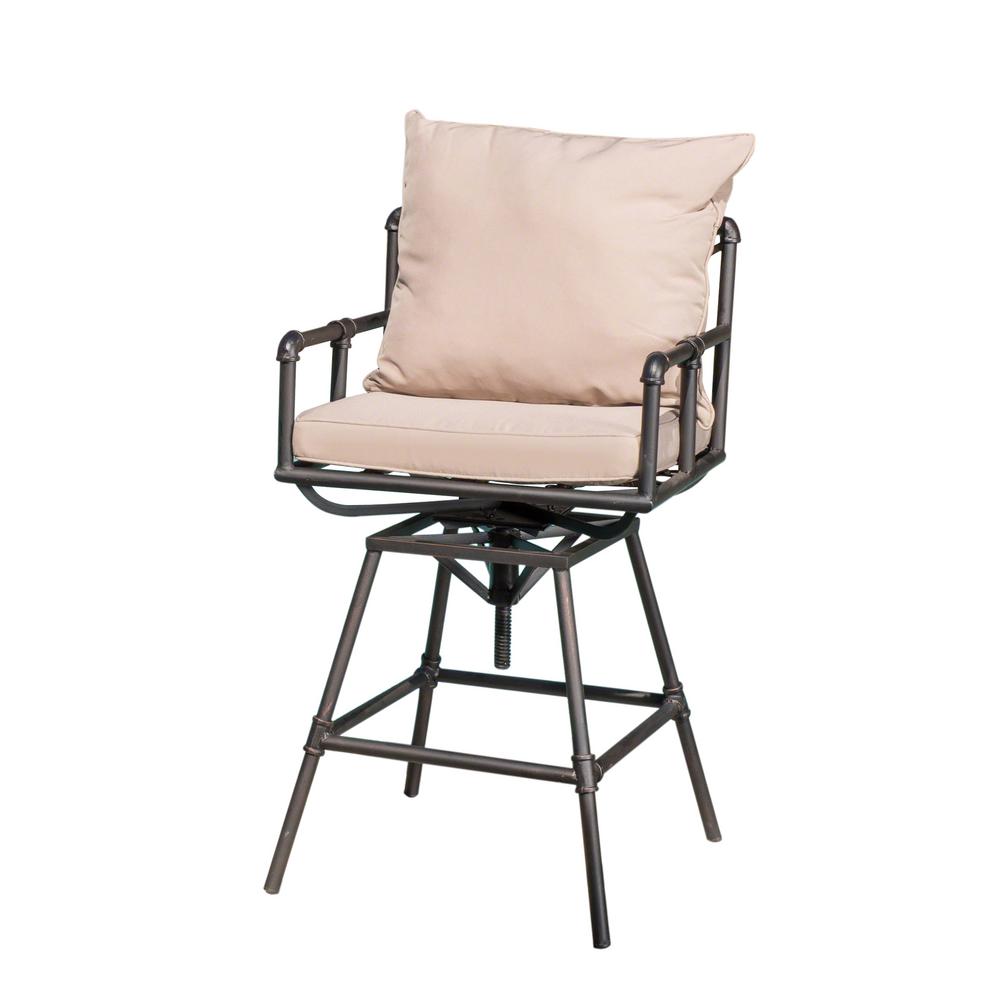 Noble House Jacoby Swivel Metal Outdoor Bar Stool With Beige