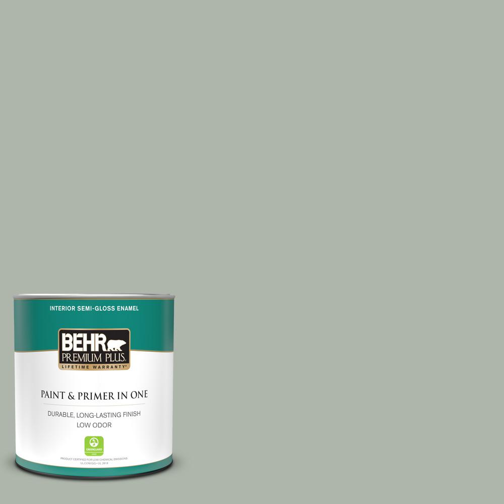 BEHR PREMIUM PLUS 1 qt. ICC56 Green Tea SemiGloss Enamel Low Odor Interior Paint and Primer