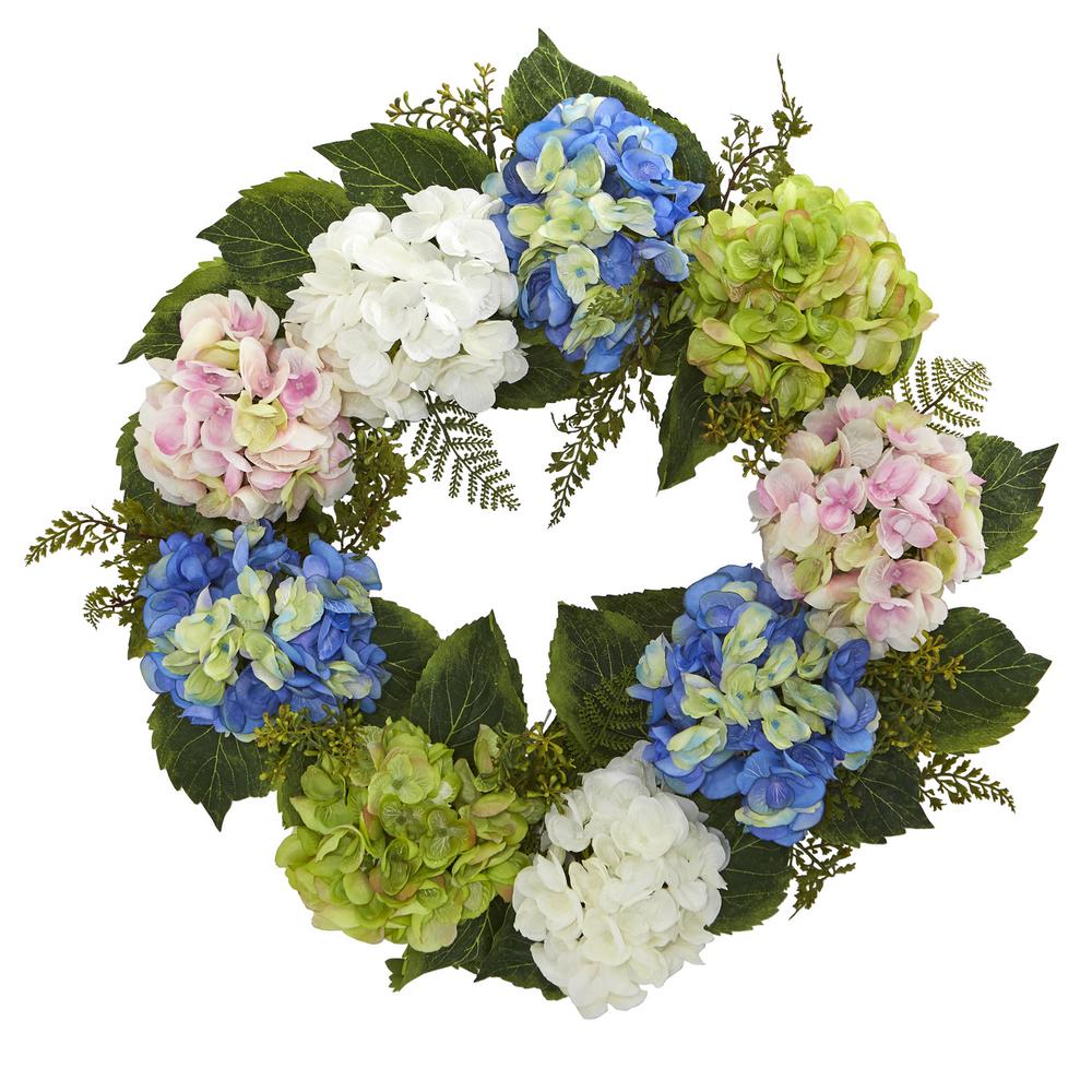 Nearly Natural 22.0 in. H Cream and Green Hydrangea Wreath 4780 - The ...