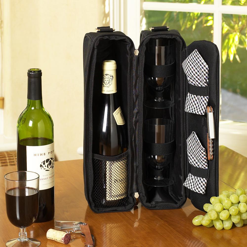 Picnic at Ascot Sunset Black Wine Tote for 2 with Glasses