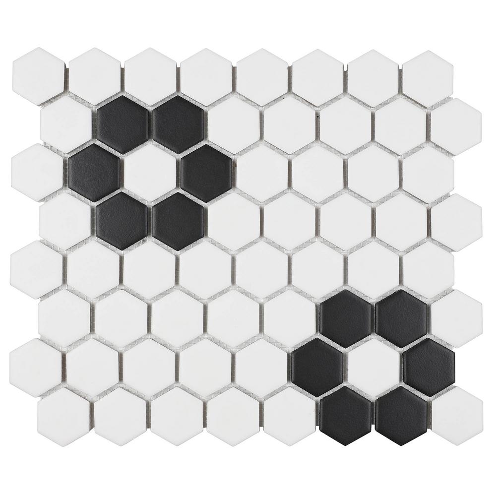 Daltile Re Matte Black And White Hexagon 12 In X 14 6 35 Mm Glazed Ceramic Mosaic Tile 1 Sq Ft Piece Re1715hexhd1p2 The Home Depot 6 35 Mm Glazed Ceramic Mosaic Tile