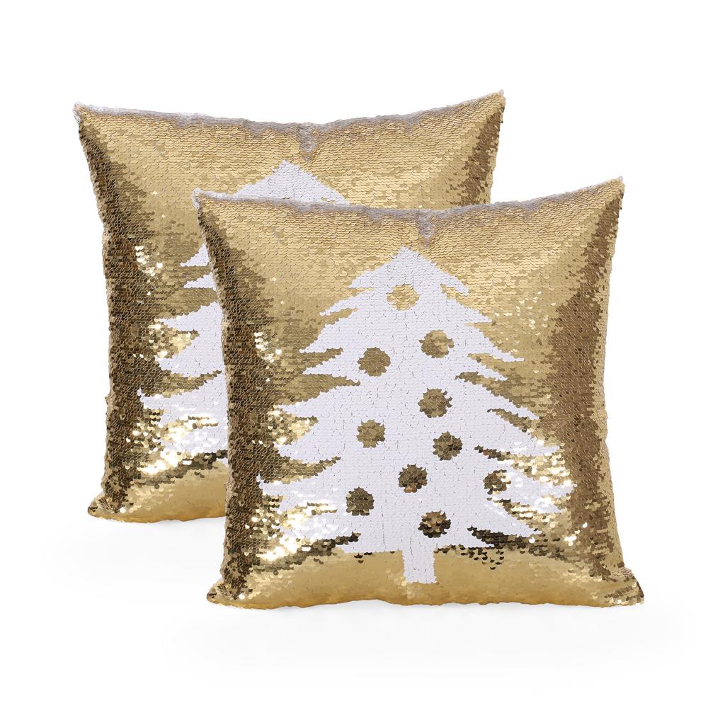 Noble House Mora Gold and White Tree Sequin 18 in. x 18 in