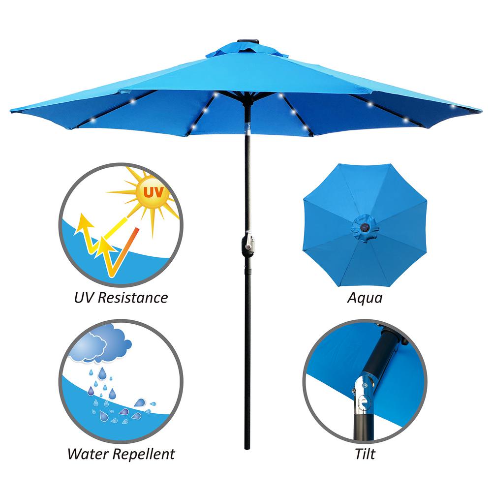 Maypex 9 Ft Steel Market Crank And Tilt Round Solar Light Patio Umbrella In Aqua 300260 A The Home Depot