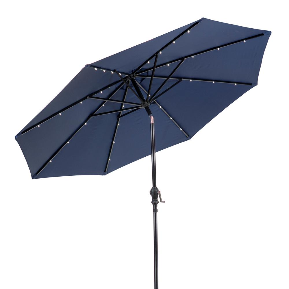 Sun Ray 9 Ft Round Solar Lighted Market Patio Umbrella In Navy 841051 The Home Depot