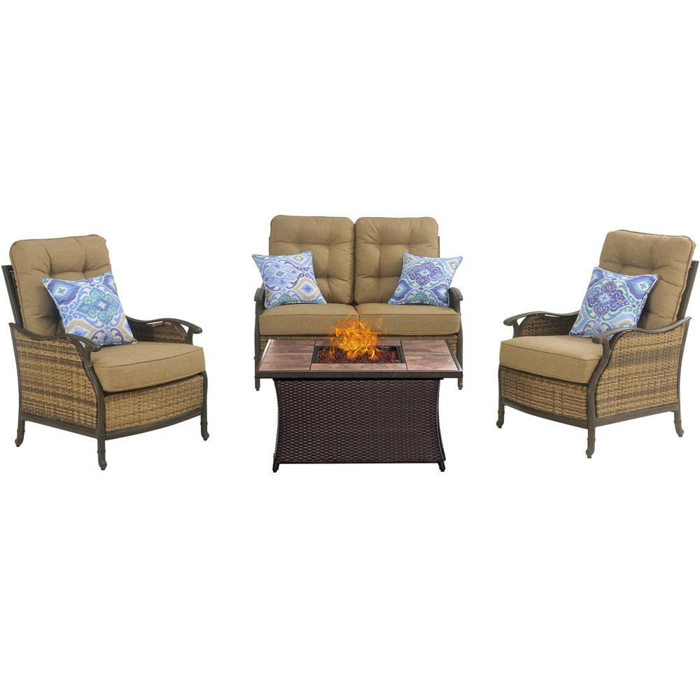 Hanover Hudson Square 4 Piece Patio Fire Pit Conversation Set With Hudson Square 4 Piece Patio Fire Pit Conversation Set With Tan Tile Top And Teak Cushions