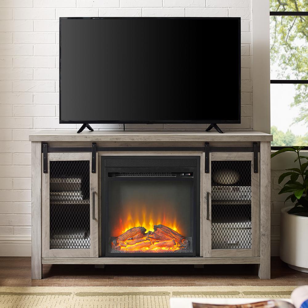 Walker Edison Furniture Company 48 In Grey Wash Rustic Farmhouse Grey Wash Rustic Farmhouse Fireplace Tv Stand With Metal Sliding Doors