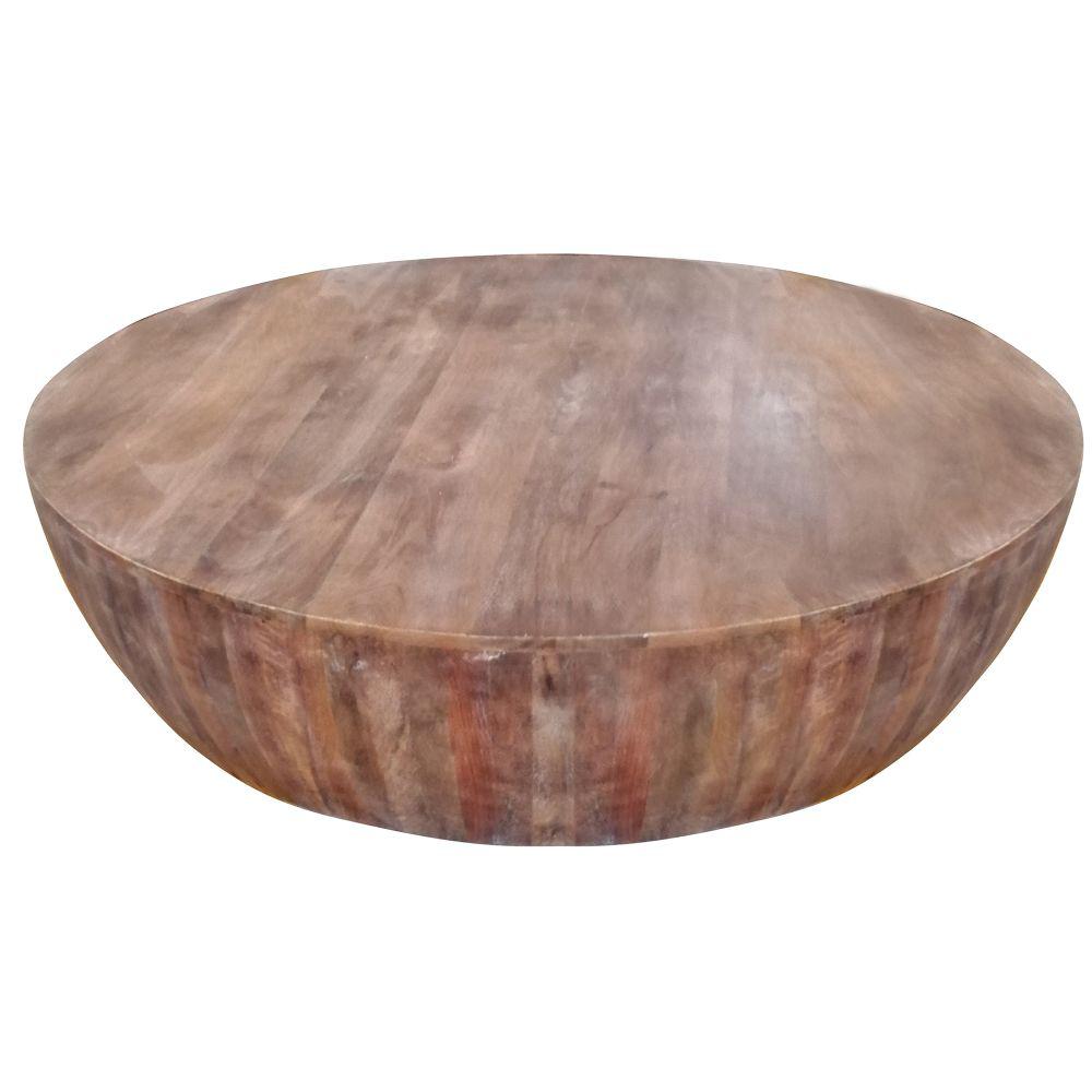The Urban Port 48 in. L Brown Hand carved Drum Shape Round Top Mango