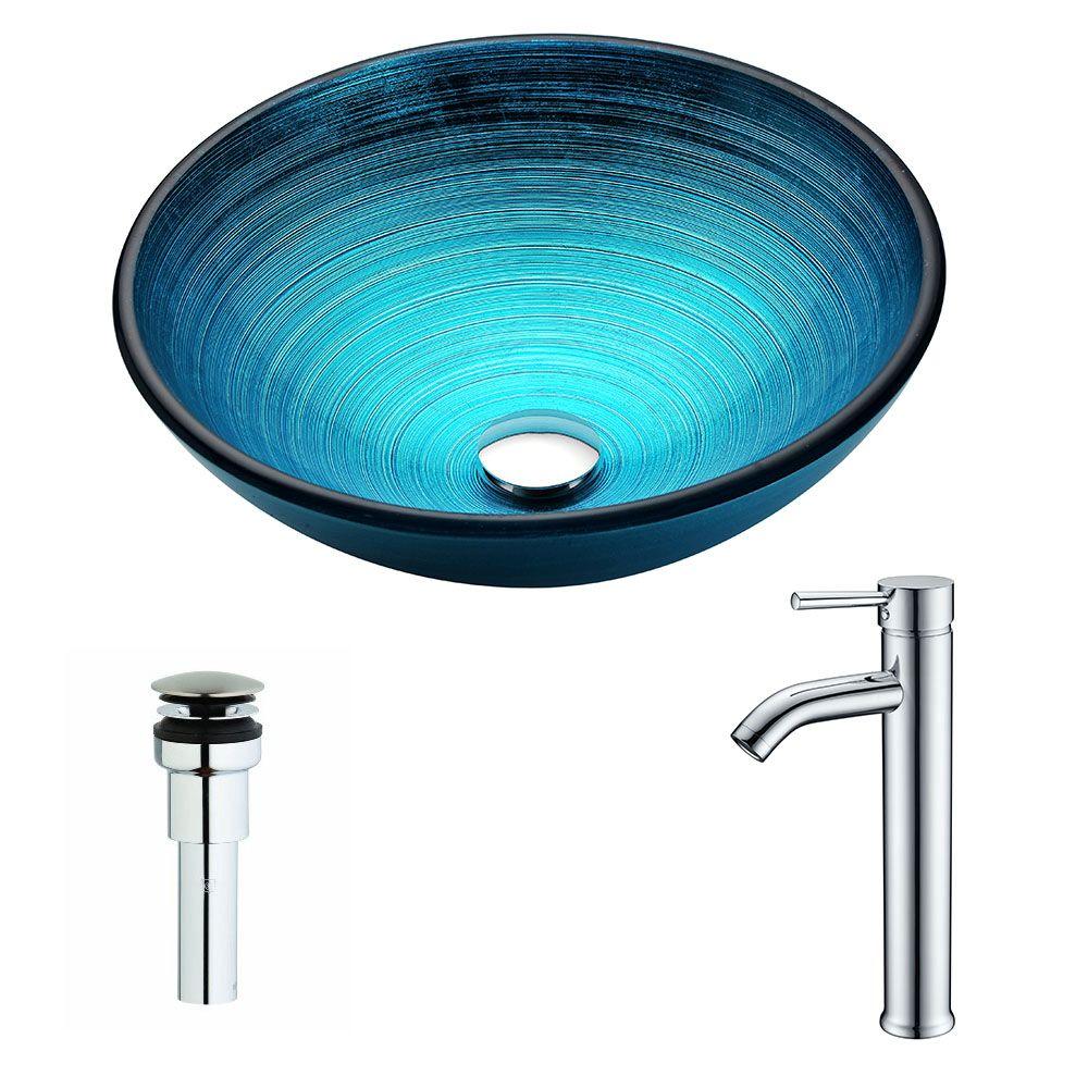 ANZZI Enti Series DecoGlass Vessel Sink in Lustrous Blue with Fann