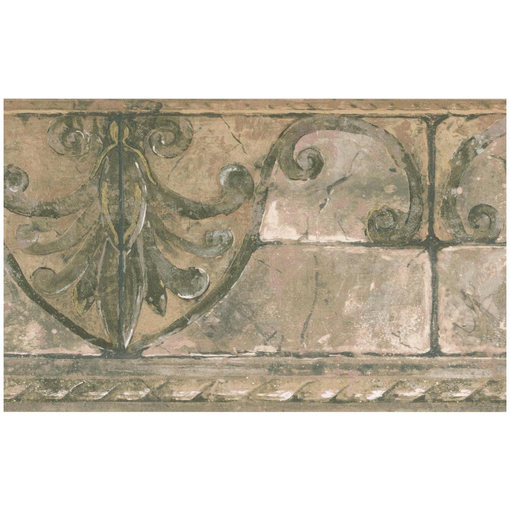 Faux Bricks with Seahorse Seashell Beige Retro Design Wallpaper Border MKB5094