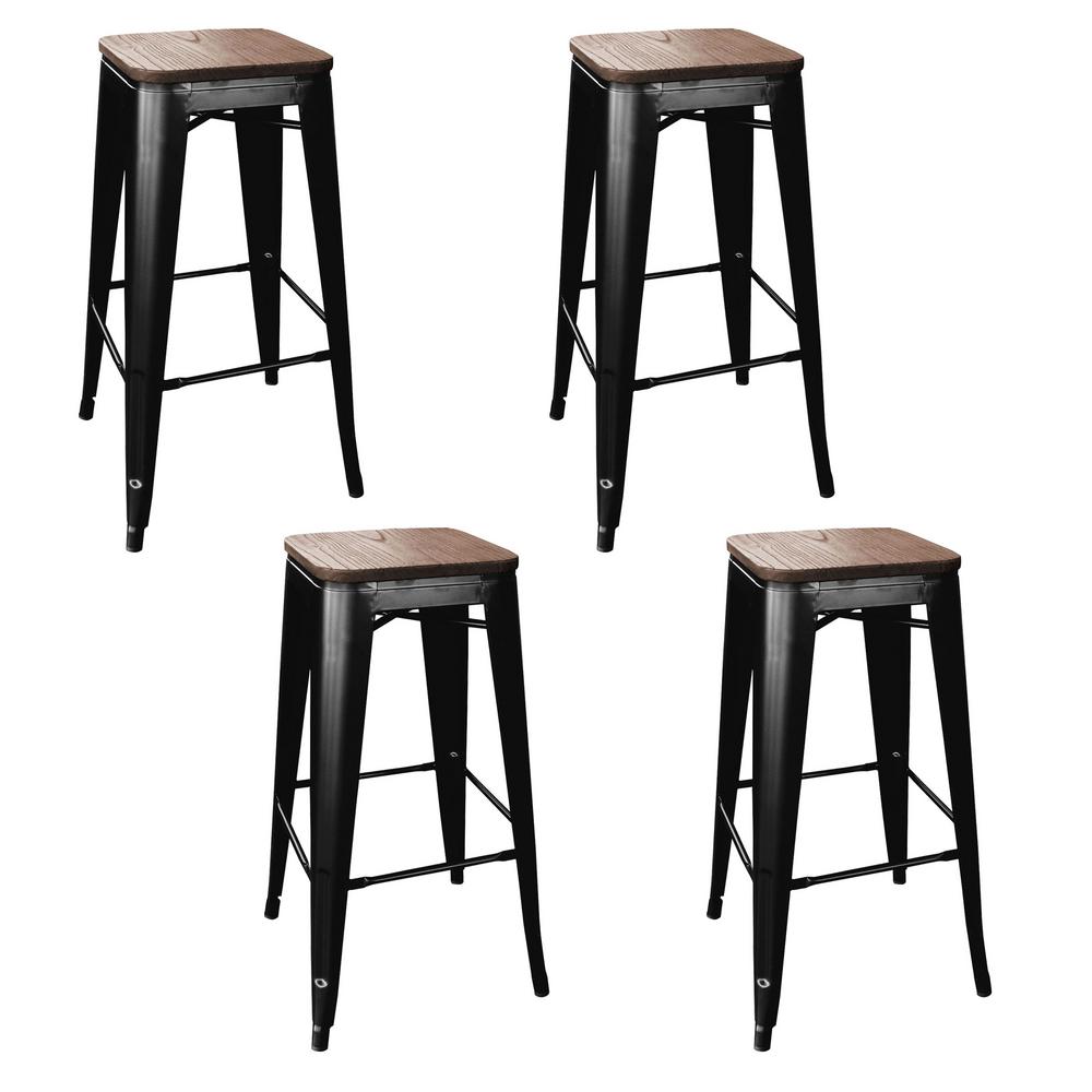 amerihome loft style 30 in stackable bar stool in black with dark elm wood  seats set of 4801019  the home depot