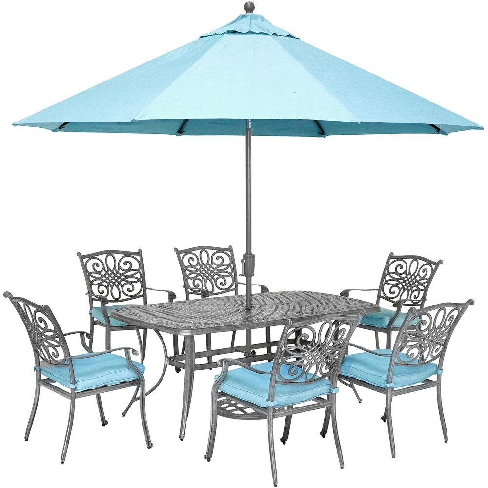 Hanover Traditions 7 Piece Aluminum Outdoor Dining Set With Blue Cushions 6 Chairs Cast Top Dining Table Umbrella With Stand Traddng7pc Su B The Home Depot