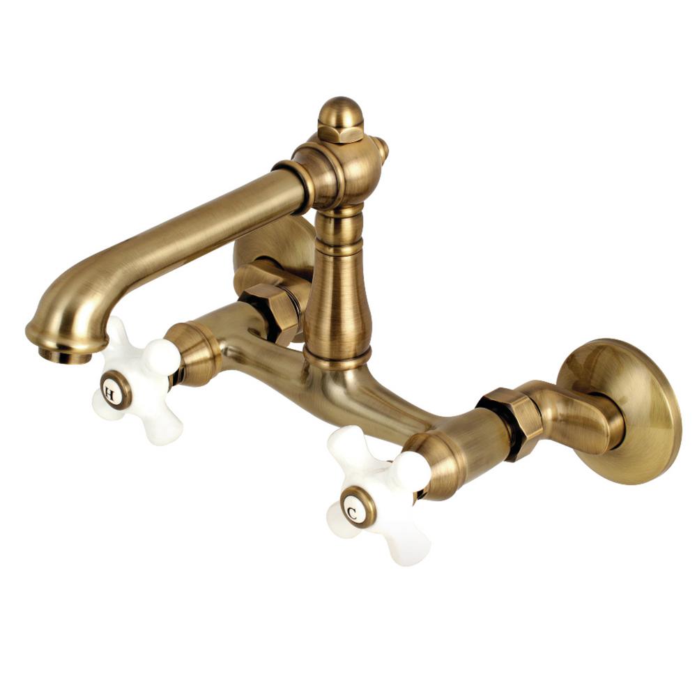 Kingston Brass English Country 2 Handle Wall Mount Standard Kitchen Faucet In Antique