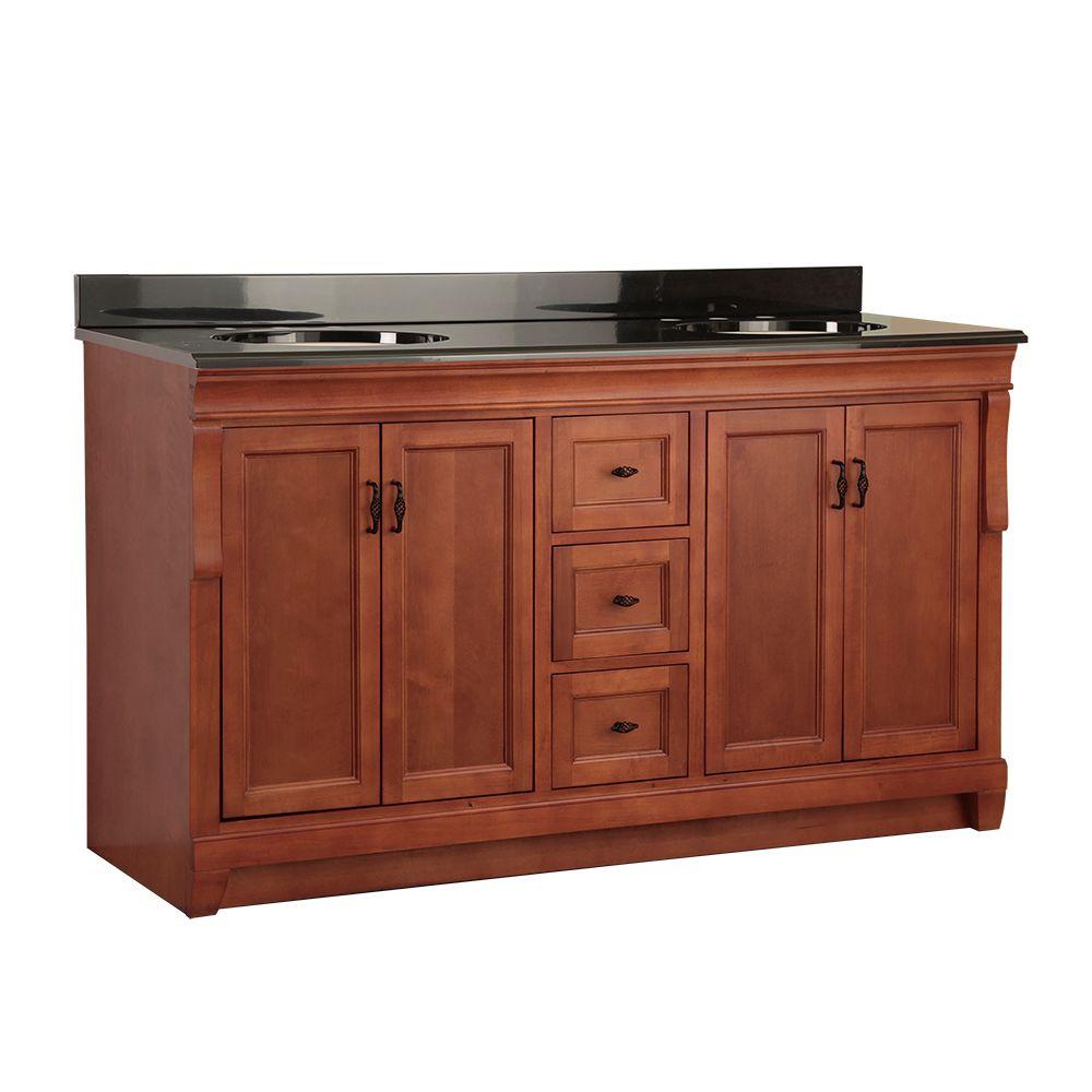 Home Decorators Collection Naples 61 in. W x 22 in. D Vanity in Warm Cinnamon with Colorpoint Vanity Top in Black with Double Sink Sinks was $1599.0 now $1119.3 (30.0% off)