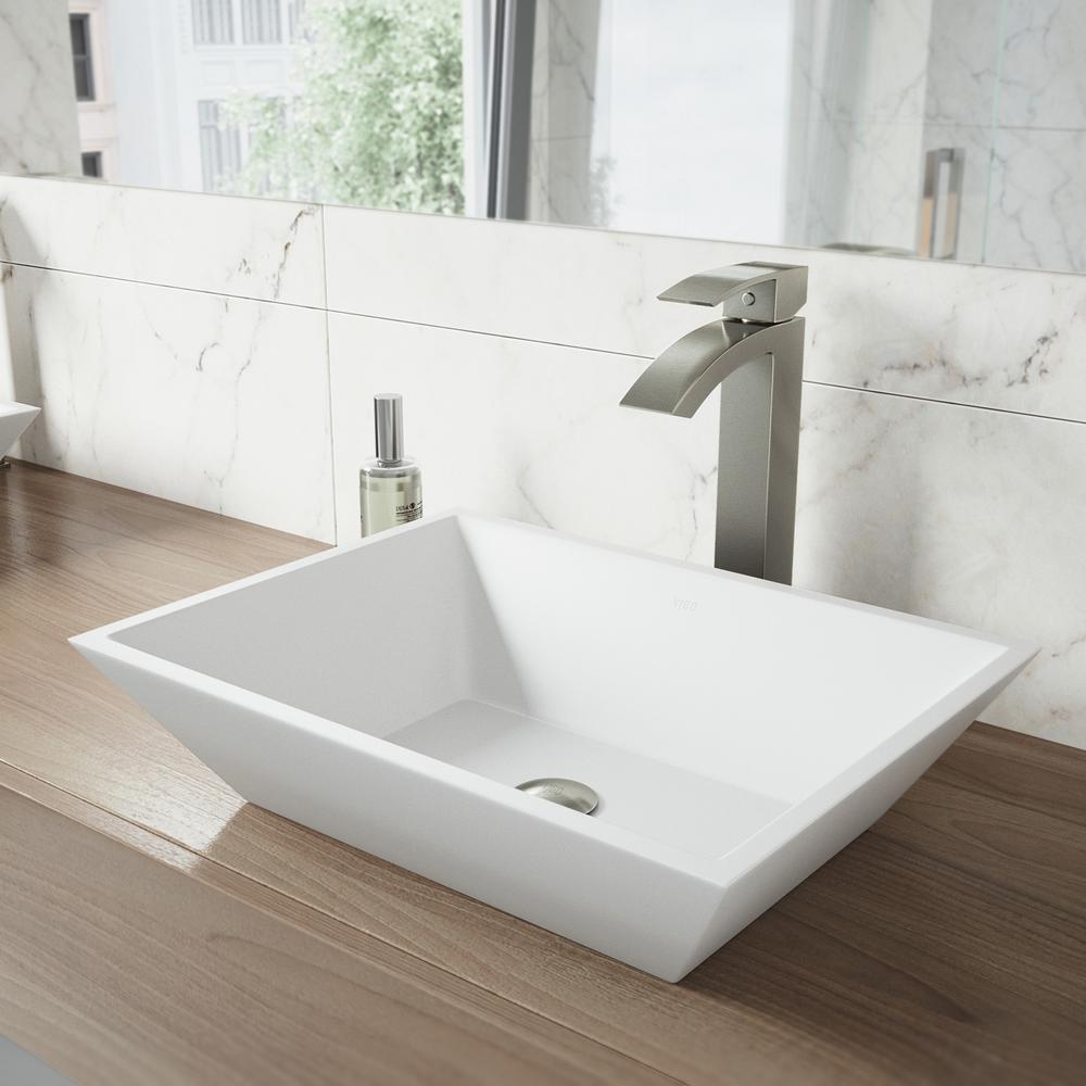 Vinca Matte Stone Vessel Bathroom Sink In White With Duris Vessel Faucet In Brushed Nickel