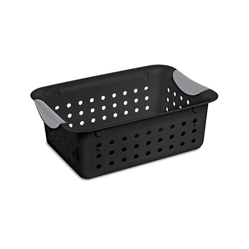 black plastic storage baskets