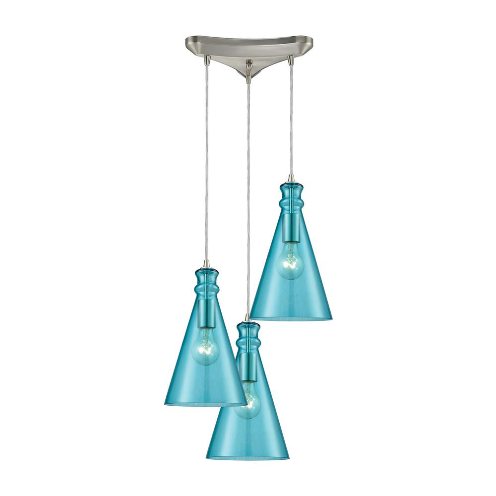 Titan Lighting Parson 3 Light Triangle Pan In Satin Nickel With Aqua Glass Pendant Tn 473055