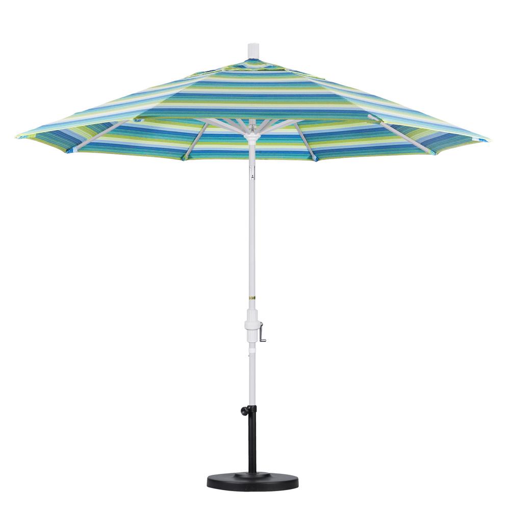 California Umbrella 9 Ft White Aluminum Pole Market Ribs White Aluminum Pole Market Ribs Collar Tilt Crank Lift Patio Umbrella In Seville Seaside Sunbrella
