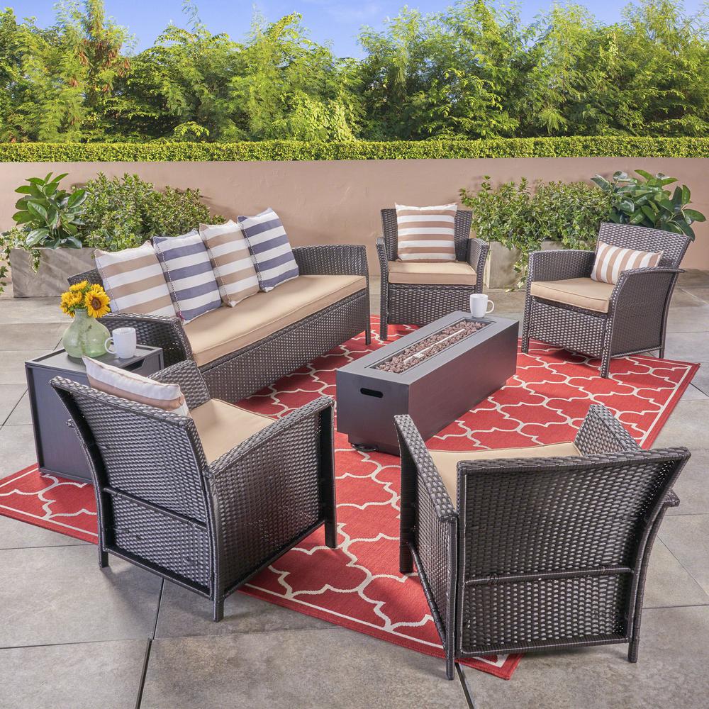 Noble House St. Lucia Brown 7-Piece Wicker Patio Fire Pit Conversation