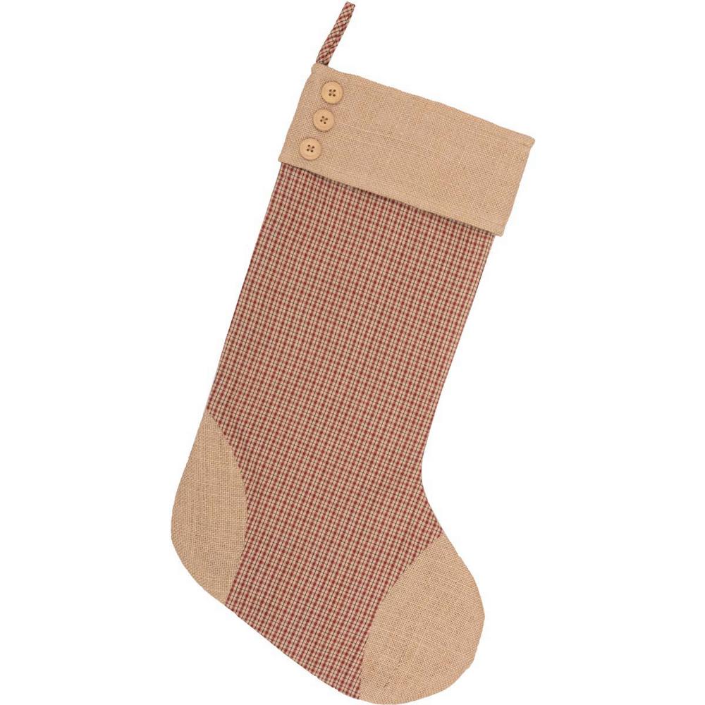 VHC Brands 20 in. Cotton/Jute Clement Deep Red Rustic Christmas Decor Plaid Stocking42423 The