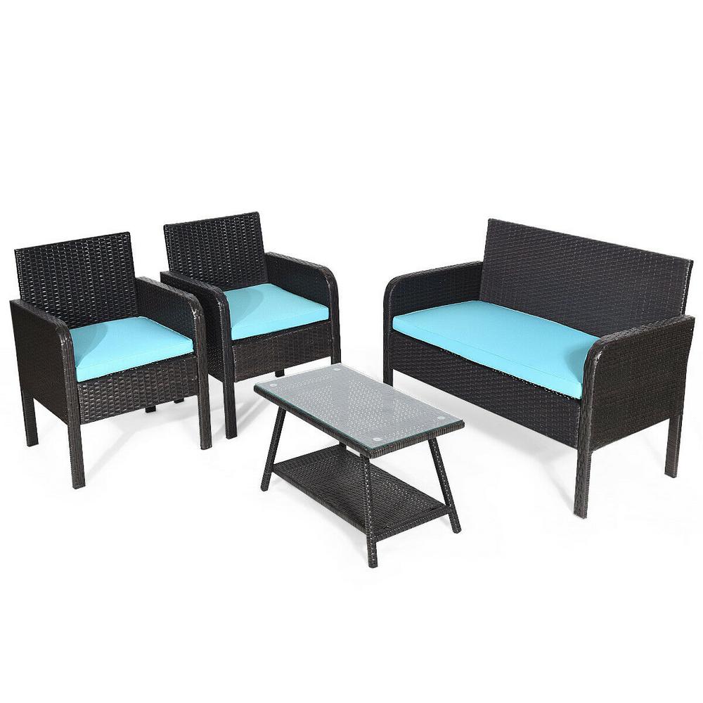 Costway 4 Piece Pe Rattan Wicker Patio Conversation Set With Blue Cushions Outdoor Furniture Set Table Sofa Garden Hw62366 The Home Depot