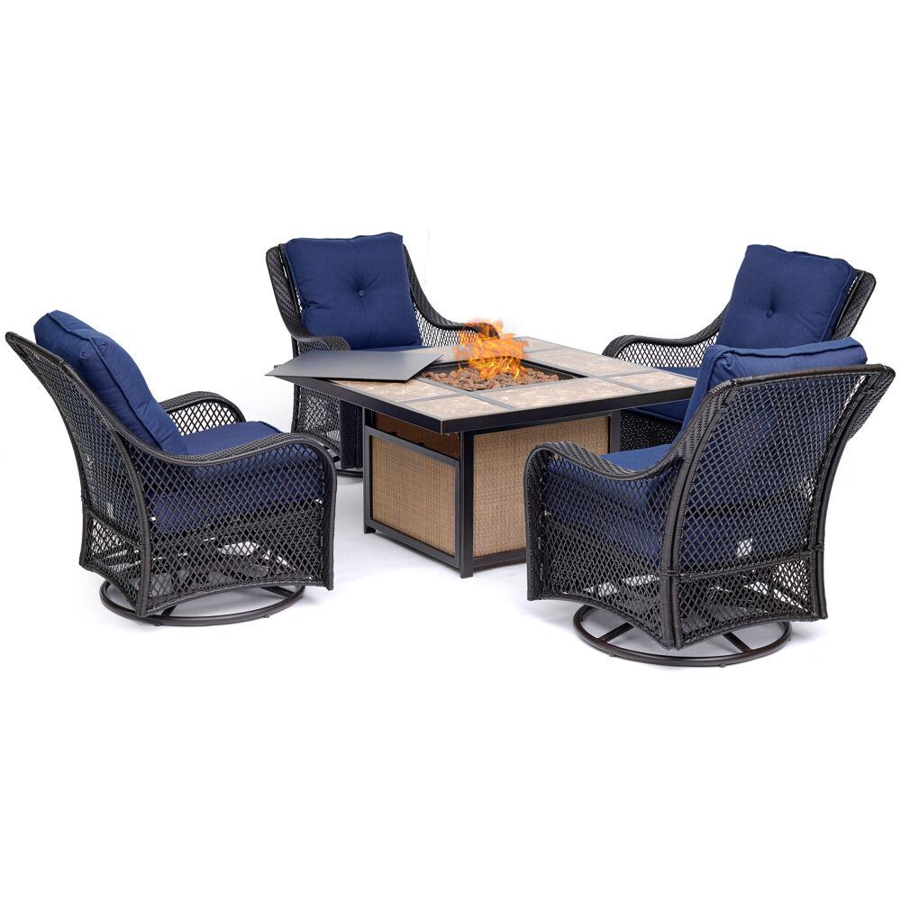 Hanover Orleans 5 Piece Steel Patio Fire Pit Conversation Set With Navy Blue Cushions Swivel Gliders And Table