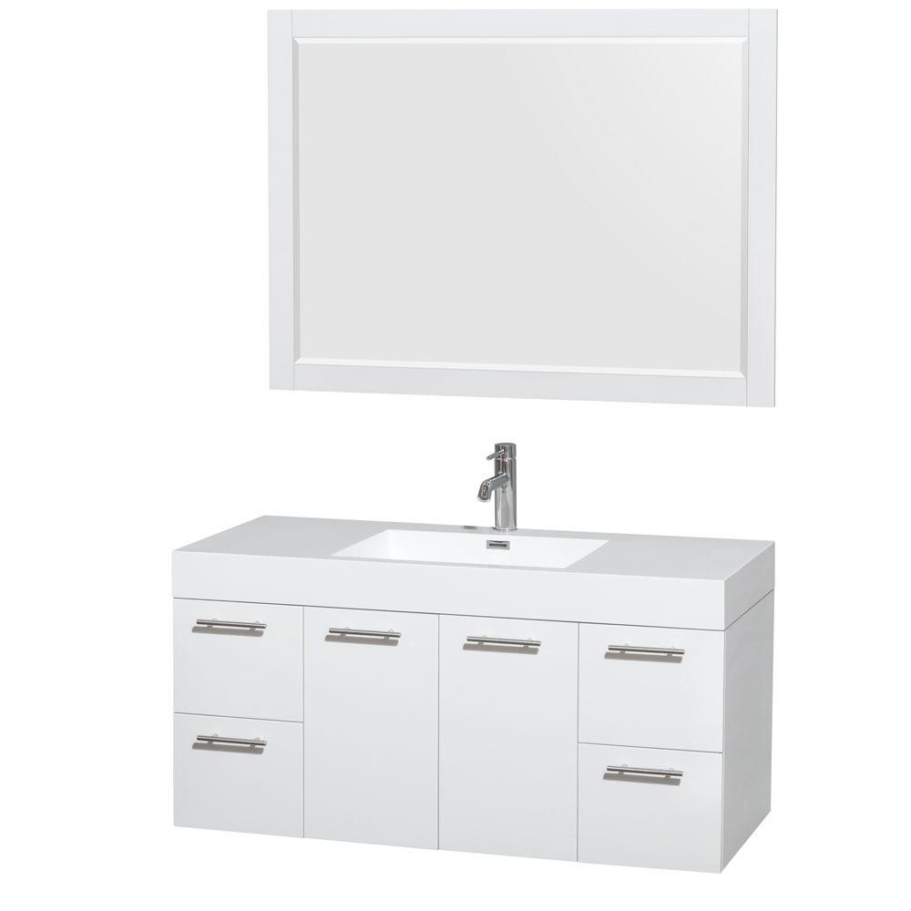 Wyndham Collection Amare 47 In Vanity In Glossy White With Acrylic Resin Vanity Top In White Integrated Sink And 46 In Mirror