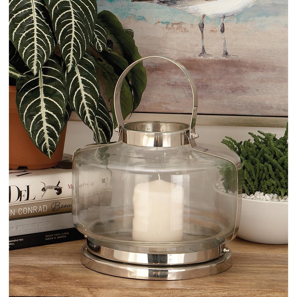 12 in. Silver Stainless Steel and Clear Glass Wide Round Lantern Candle