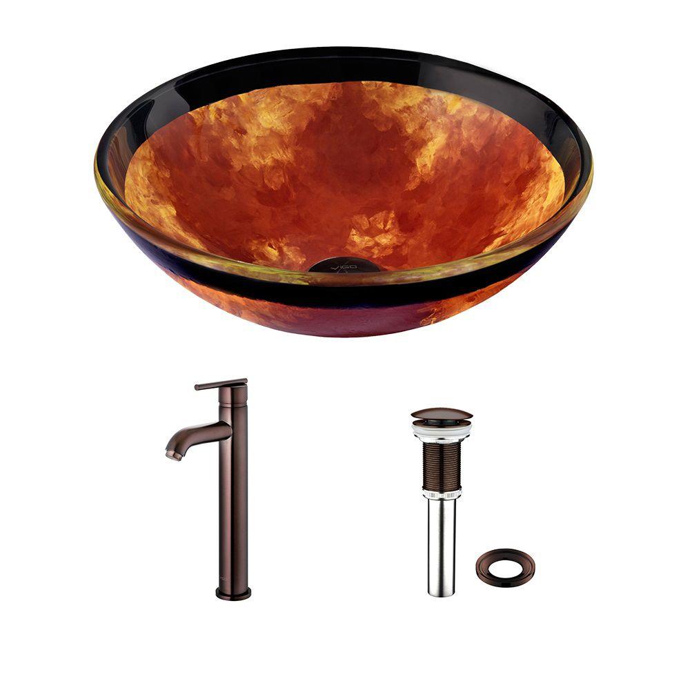 VIGO Glass Vessel Sink in Auburn/Mocha Fusion and Seville Faucet Set in