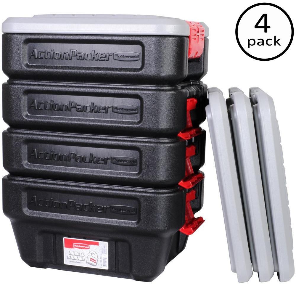 Rubbermaid Black Storage Bins Totes Organization Action Packer Storage Tote 4 Pack